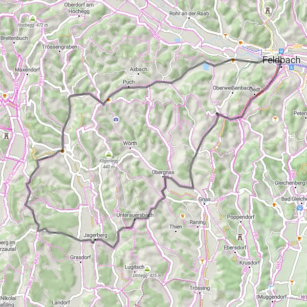 Karten-Miniaturansicht der Radinspiration "Panoramastraßen rund um Feldbach" in Steiermark, Austria. Erstellt vom Tarmacs.app-Routenplaner für Radtouren