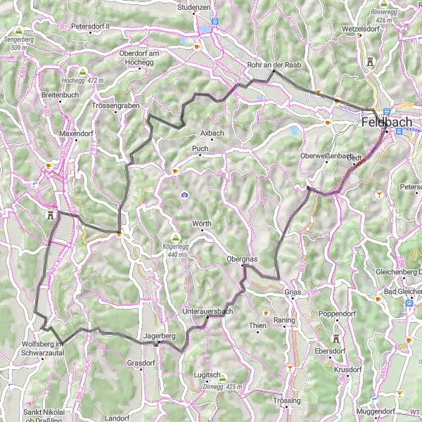 Miniatua del mapa de inspiración ciclista "Ruta de Ciclismo por Feldbach - Bloderberg - Glatzental - Jagerberg - Steinhöhe - Sankt Stefan im Rosental - Hollerkogel - Gniebing" en Steiermark, Austria. Generado por Tarmacs.app planificador de rutas ciclistas