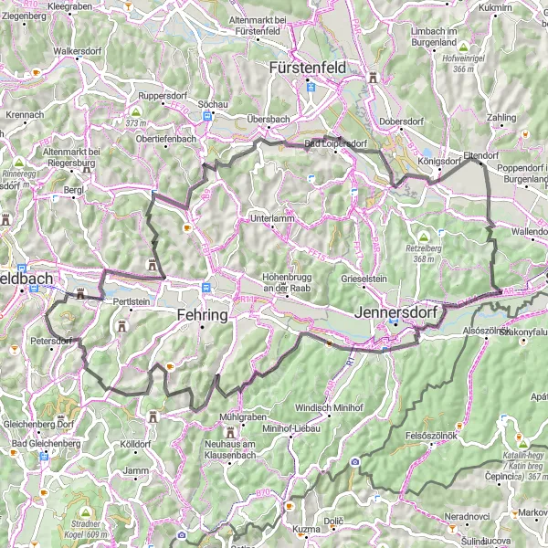 Miniatua del mapa de inspiración ciclista "Ruta escénica por los alrededores de Feldbach" en Steiermark, Austria. Generado por Tarmacs.app planificador de rutas ciclistas