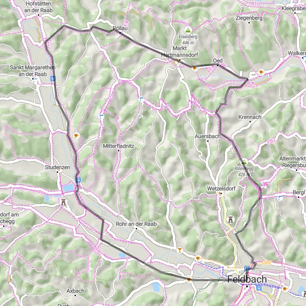 Miniatua del mapa de inspiración ciclista "Ruta pintoresca en carretera desde Feldbach" en Steiermark, Austria. Generado por Tarmacs.app planificador de rutas ciclistas