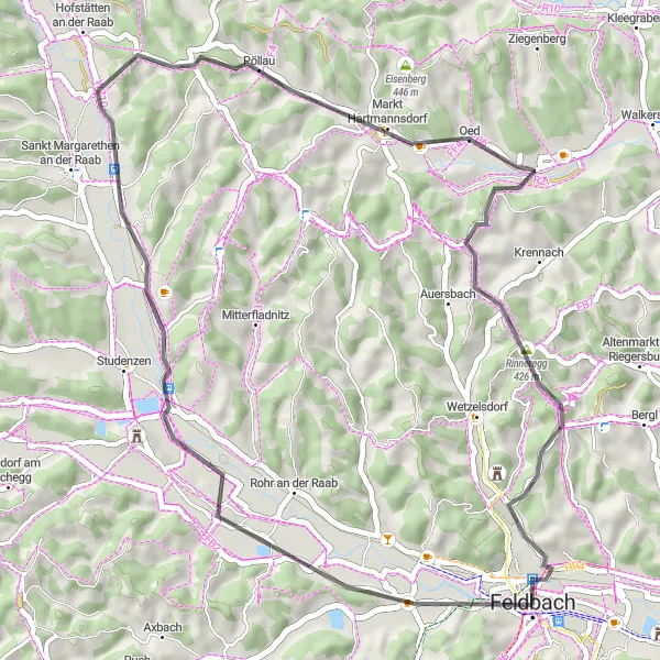 Kartminiatyr av "Feldbach - Unterstorcha - Fladnitz im Raabtal - Kleiner Takernberg - Markt Hartmannsdorf - Rinneregg - Feldbach" cykelinspiration i Steiermark, Austria. Genererad av Tarmacs.app cykelruttplanerare