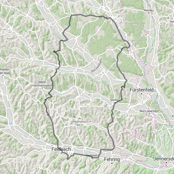 Miniatuurkaart van de fietsinspiratie "Avontuurlijke fietstocht rond Feldbach" in Steiermark, Austria. Gemaakt door de Tarmacs.app fietsrouteplanner