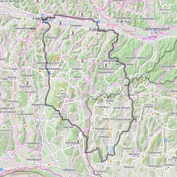 Miniatua del mapa de inspiración ciclista "Ruta desafiante en carretera desde Feldbach" en Steiermark, Austria. Generado por Tarmacs.app planificador de rutas ciclistas