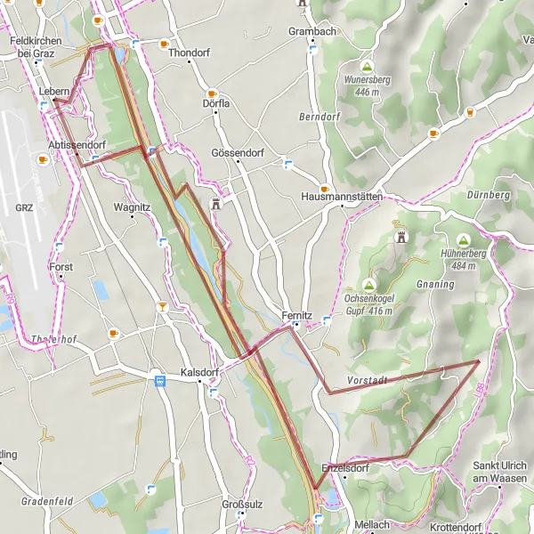 Miniature de la carte de l'inspiration cycliste "Excursion en gravier près de Feldkirchen bei Graz" dans la Steiermark, Austria. Générée par le planificateur d'itinéraire cycliste Tarmacs.app