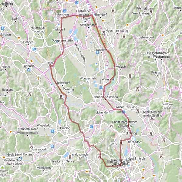 Miniature de la carte de l'inspiration cycliste "Randonnée en gravier autour de Feldkirchen bei Graz" dans la Steiermark, Austria. Générée par le planificateur d'itinéraire cycliste Tarmacs.app