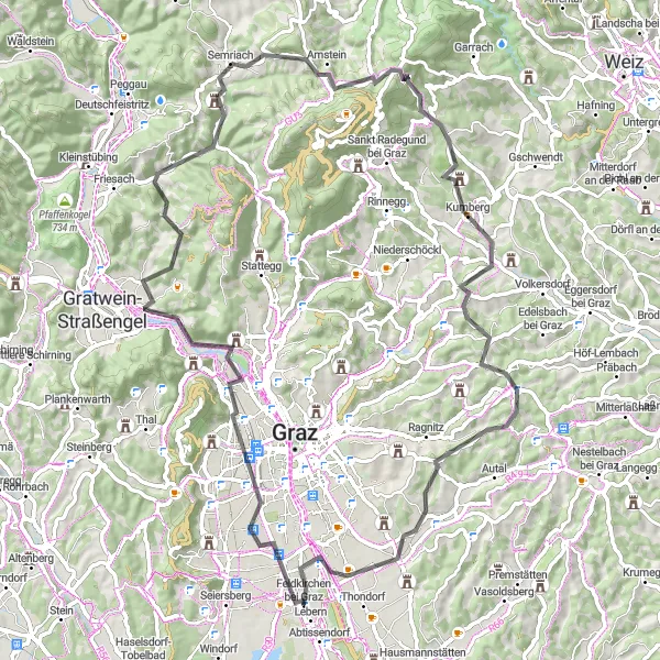 Mapa miniatúra "Cyklistický okruh cez Gösting a Kainbach bei Graz" cyklistická inšpirácia v Steiermark, Austria. Vygenerované cyklistickým plánovačom trás Tarmacs.app