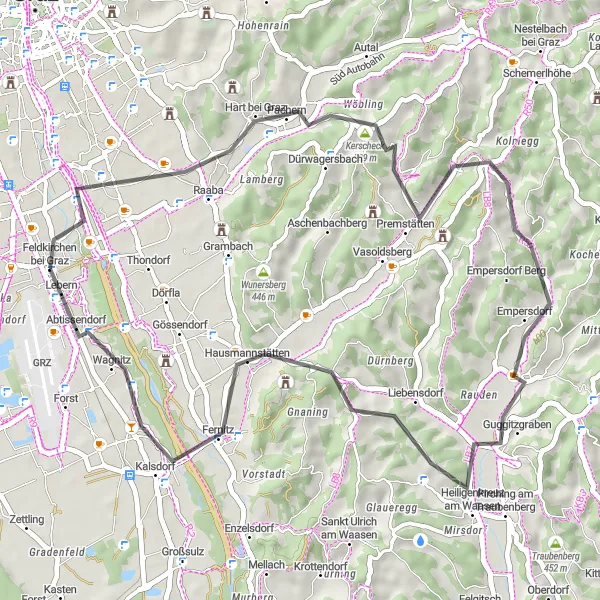 Mapa miniatúra "Jazda cez Heiligenkreuz am Waasen a Abtissendorf" cyklistická inšpirácia v Steiermark, Austria. Vygenerované cyklistickým plánovačom trás Tarmacs.app