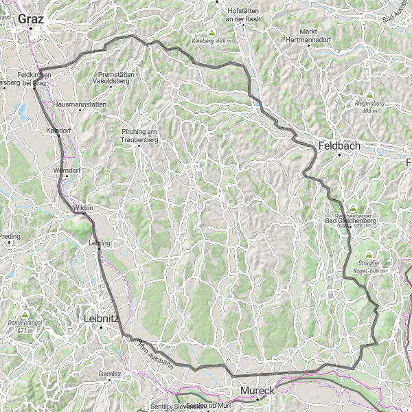 Miniature de la carte de l'inspiration cycliste "Tour à vélo épique autour de Feldkirchen bei Graz" dans la Steiermark, Austria. Générée par le planificateur d'itinéraire cycliste Tarmacs.app