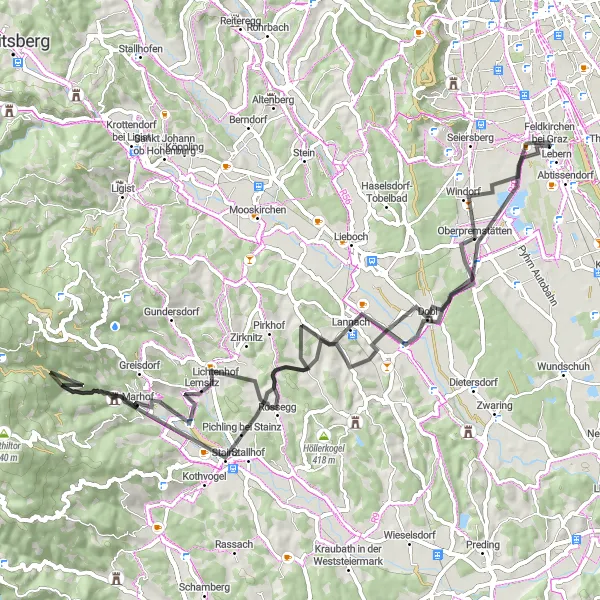 Miniature de la carte de l'inspiration cycliste "Parcours cyclable sur route autour de Feldkirchen bei Graz" dans la Steiermark, Austria. Générée par le planificateur d'itinéraire cycliste Tarmacs.app