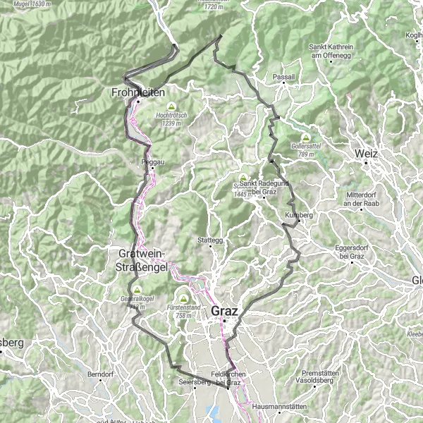 Map miniature of "Hills and Valleys Exploration" cycling inspiration in Steiermark, Austria. Generated by Tarmacs.app cycling route planner