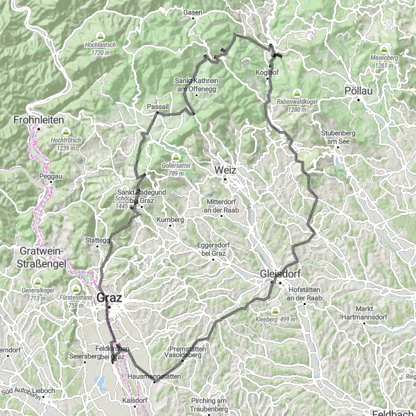 Map miniature of "Graz and the Mountain Road" cycling inspiration in Steiermark, Austria. Generated by Tarmacs.app cycling route planner