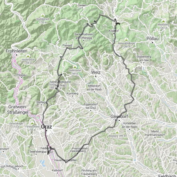 Miniatuurkaart van de fietsinspiratie "Epic tocht door Graz, Passail en Gleisdorf" in Steiermark, Austria. Gemaakt door de Tarmacs.app fietsrouteplanner