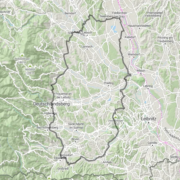 Miniatua del mapa de inspiración ciclista "Ruta épica de 125 km en bicicleta cerca de Feldkirchen bei Graz" en Steiermark, Austria. Generado por Tarmacs.app planificador de rutas ciclistas