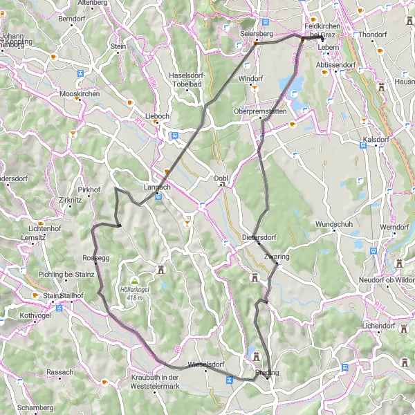 Miniatua del mapa de inspiración ciclista "Ruta por carretera a Feldkirchen bei Graz" en Steiermark, Austria. Generado por Tarmacs.app planificador de rutas ciclistas