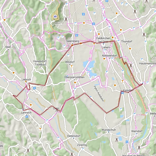 Miniatua del mapa de inspiración ciclista "Aventura por Schloß Mühleck y Seiersberg" en Steiermark, Austria. Generado por Tarmacs.app planificador de rutas ciclistas