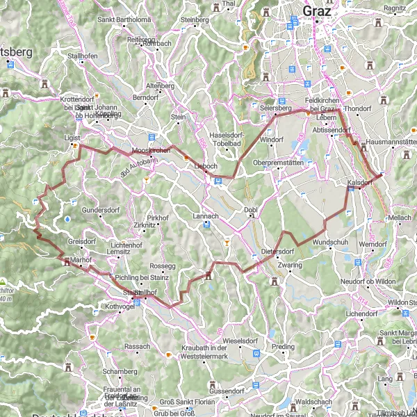 Map miniature of "Fernitz to Schloß Mühleck Gravel Route" cycling inspiration in Steiermark, Austria. Generated by Tarmacs.app cycling route planner