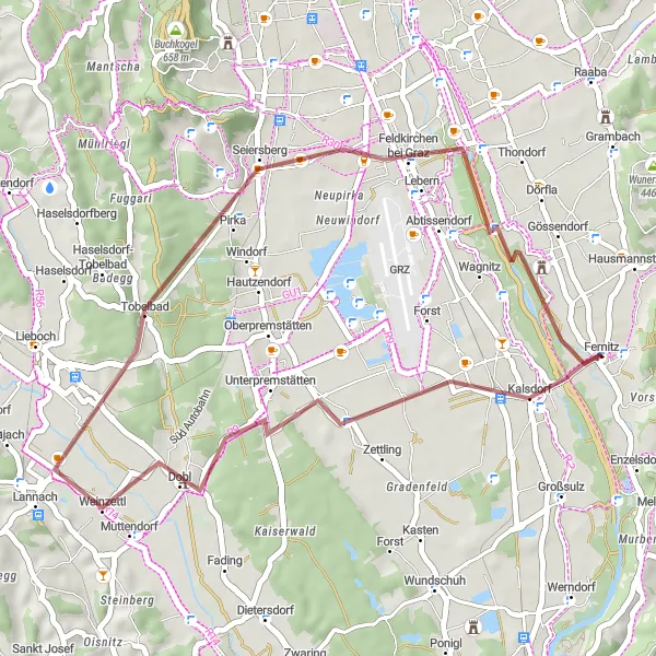 Mapa miniatúra "Dobl - Fernitz Gravel Adventure" cyklistická inšpirácia v Steiermark, Austria. Vygenerované cyklistickým plánovačom trás Tarmacs.app