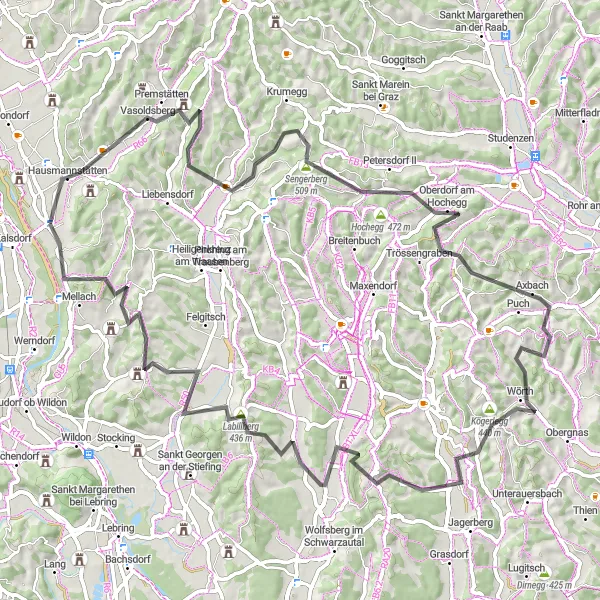 Kartminiatyr av "Prüfingberg och Vasoldsberg Cykeltur" cykelinspiration i Steiermark, Austria. Genererad av Tarmacs.app cykelruttplanerare