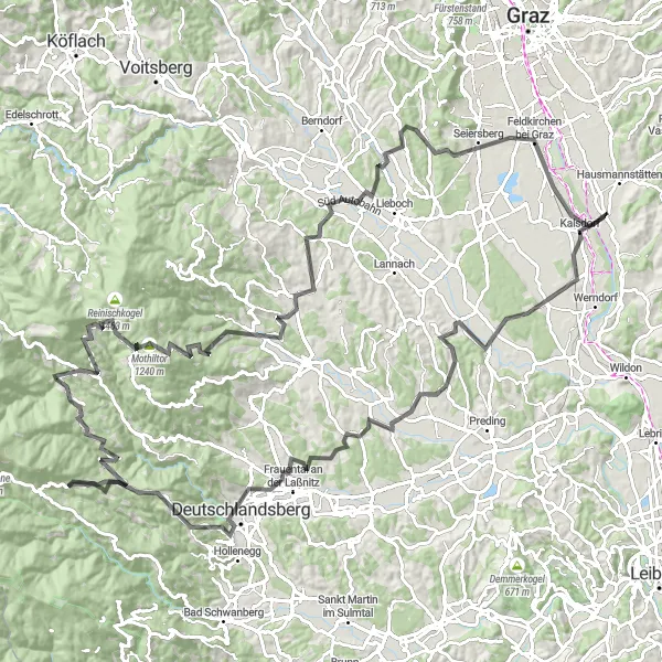 Miniatura della mappa di ispirazione al ciclismo "Avventura in bicicletta da Fernitz a Fernitz" nella regione di Steiermark, Austria. Generata da Tarmacs.app, pianificatore di rotte ciclistiche