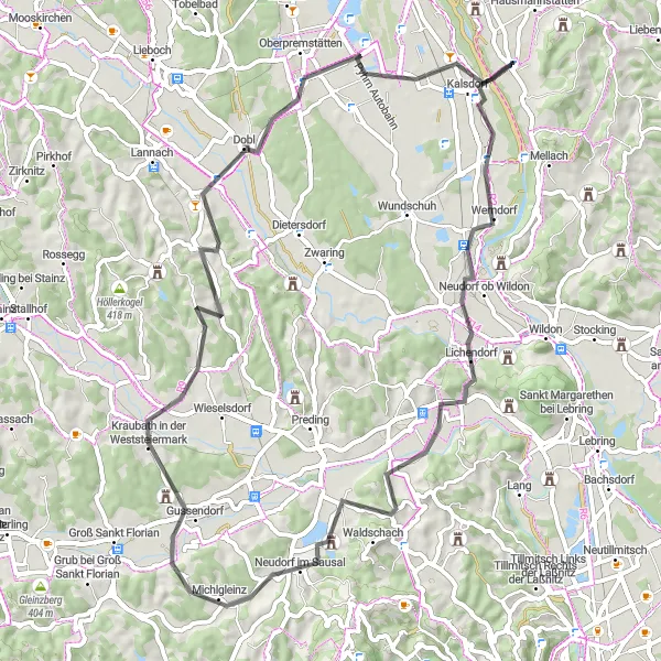 Miniatuurkaart van de fietsinspiratie "Rondje rond Graz" in Steiermark, Austria. Gemaakt door de Tarmacs.app fietsrouteplanner