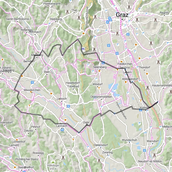 Zemljevid v pomanjšavi "Fernitz - Dobl - Gießenberg - Hitzendorf - Buchkogel - Feldkirchen bei Graz" kolesarske inspiracije v Steiermark, Austria. Generirano z načrtovalcem kolesarskih poti Tarmacs.app
