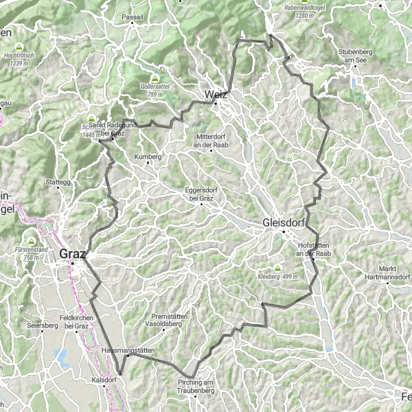 Kartminiatyr av "Episk Rundtur til Hühnerberg og Hausmannstätten" sykkelinspirasjon i Steiermark, Austria. Generert av Tarmacs.app sykkelrutoplanlegger