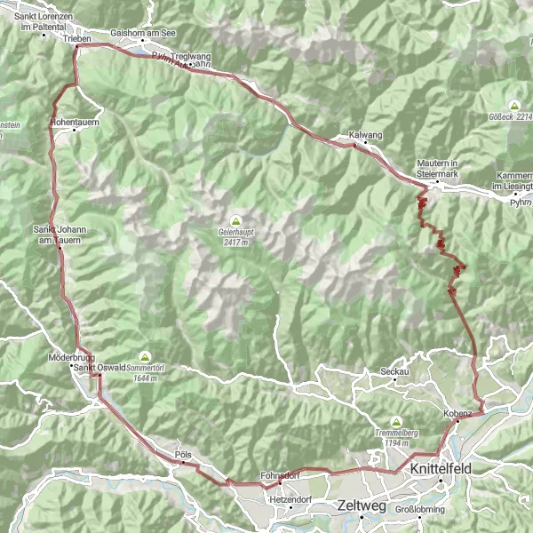 Miniaturní mapa "Gravelové dobrodružství kolem Kalwangu" inspirace pro cyklisty v oblasti Steiermark, Austria. Vytvořeno pomocí plánovače tras Tarmacs.app