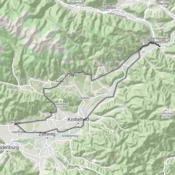 Miniatura della mappa di ispirazione al ciclismo "Giro Panoramico tra Knittelfeld e Zeltweg" nella regione di Steiermark, Austria. Generata da Tarmacs.app, pianificatore di rotte ciclistiche