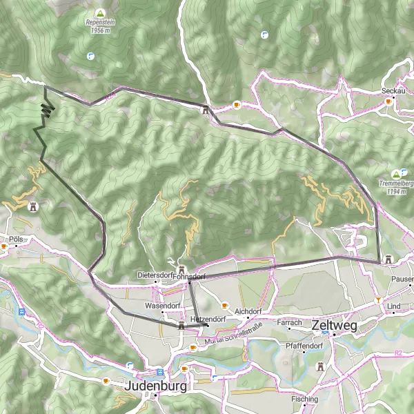 Map miniature of "Gabelhofen Loop" cycling inspiration in Steiermark, Austria. Generated by Tarmacs.app cycling route planner