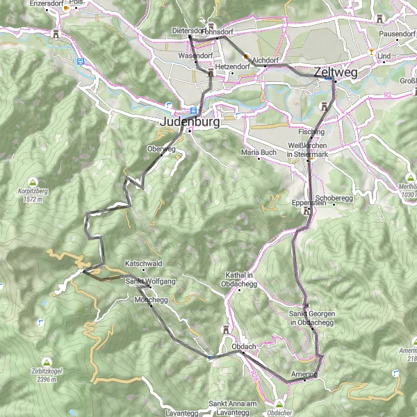 Map miniature of "Fohnsdorf Loop Road" cycling inspiration in Steiermark, Austria. Generated by Tarmacs.app cycling route planner