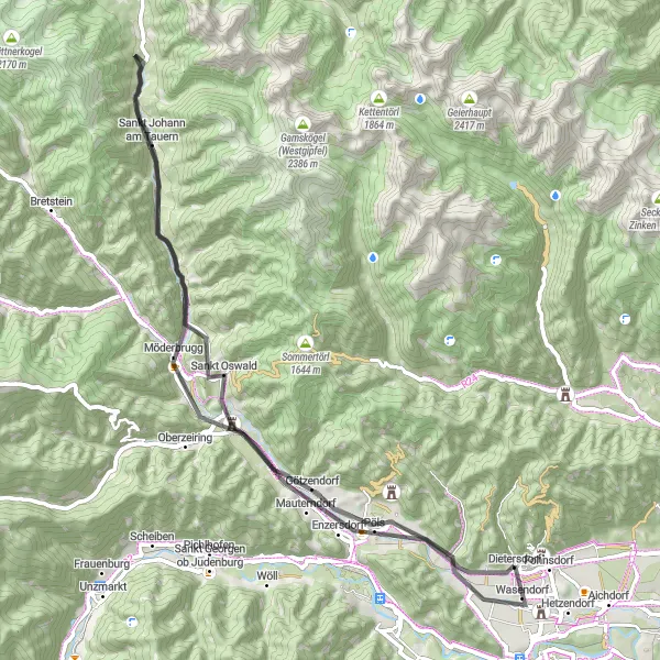 Miniatura della mappa di ispirazione al ciclismo "Tour della Valle del Mur" nella regione di Steiermark, Austria. Generata da Tarmacs.app, pianificatore di rotte ciclistiche