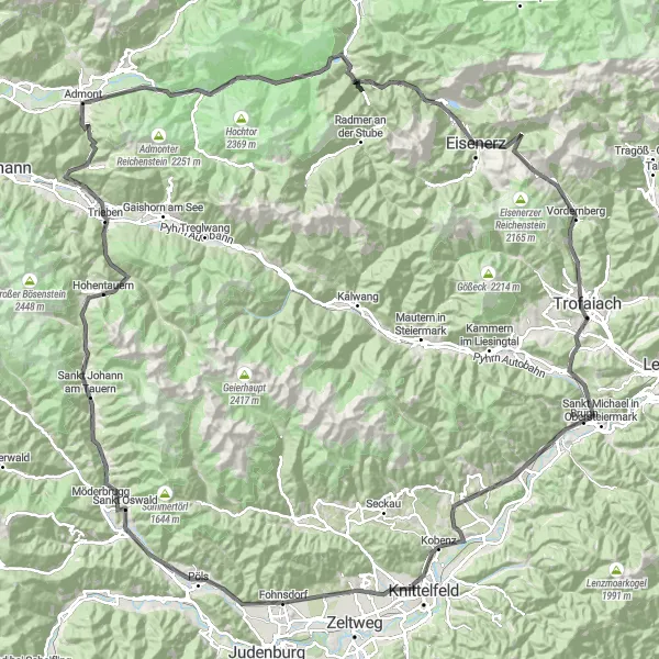 Miniatura della mappa di ispirazione al ciclismo "Avventura Epica attraverso le Montagne della Stiria" nella regione di Steiermark, Austria. Generata da Tarmacs.app, pianificatore di rotte ciclistiche