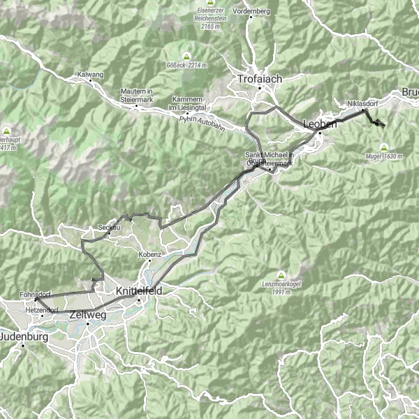 Miniaturní mapa "Extrémní trasa kolem Fohnsdorfu - Horská dobrodružství" inspirace pro cyklisty v oblasti Steiermark, Austria. Vytvořeno pomocí plánovače tras Tarmacs.app