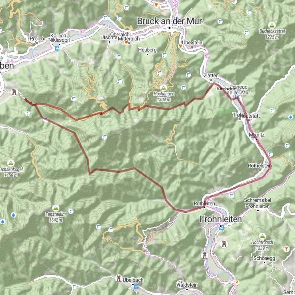 Miniaturní mapa "Scenic Gravel Pathways near Frohnleiten" inspirace pro cyklisty v oblasti Steiermark, Austria. Vytvořeno pomocí plánovače tras Tarmacs.app