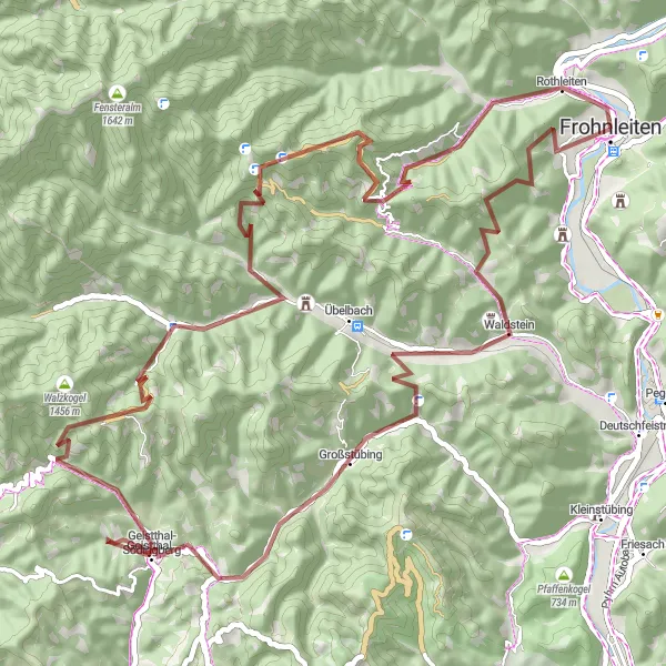 Karttaminiaatyyri "Metsäpoluilla ja luonnon helmassa: Gravel-pyöräily Frohnleitenissa" pyöräilyinspiraatiosta alueella Steiermark, Austria. Luotu Tarmacs.app pyöräilyreittisuunnittelijalla