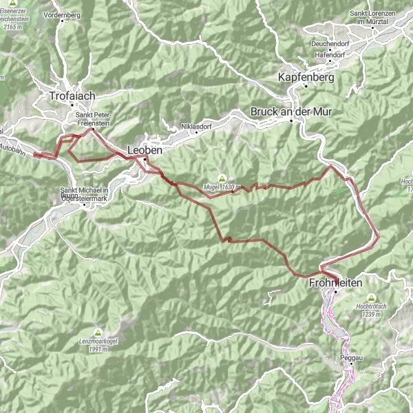 Map miniature of "Gravel Adventure: From Frohnleiten to Pernegg" cycling inspiration in Steiermark, Austria. Generated by Tarmacs.app cycling route planner