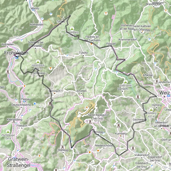 Zemljevid v pomanjšavi "Razgibano potovanje skozi štajerske griče" kolesarske inspiracije v Steiermark, Austria. Generirano z načrtovalcem kolesarskih poti Tarmacs.app