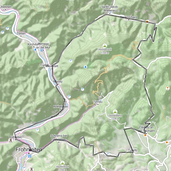 Karttaminiaatyyri "Historialliset kohteet ja upeat maisemat: Pyörämatka Steiermarkissa" pyöräilyinspiraatiosta alueella Steiermark, Austria. Luotu Tarmacs.app pyöräilyreittisuunnittelijalla