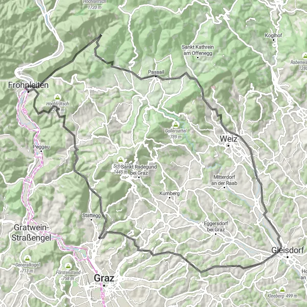 Zemljevid v pomanjšavi "Razgibana kolesarska tura z zahtevnimi vzponi" kolesarske inspiracije v Steiermark, Austria. Generirano z načrtovalcem kolesarskih poti Tarmacs.app