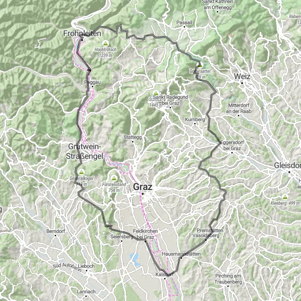 Zemljevid v pomanjšavi "Uživajte v naravi blizu Frohnleitna" kolesarske inspiracije v Steiermark, Austria. Generirano z načrtovalcem kolesarskih poti Tarmacs.app