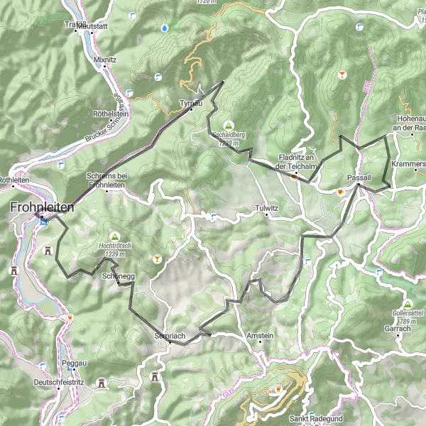 Map miniature of "Challenging Road Cycling Route from Frohnleiten to Schloss Neu-Pfannberg" cycling inspiration in Steiermark, Austria. Generated by Tarmacs.app cycling route planner