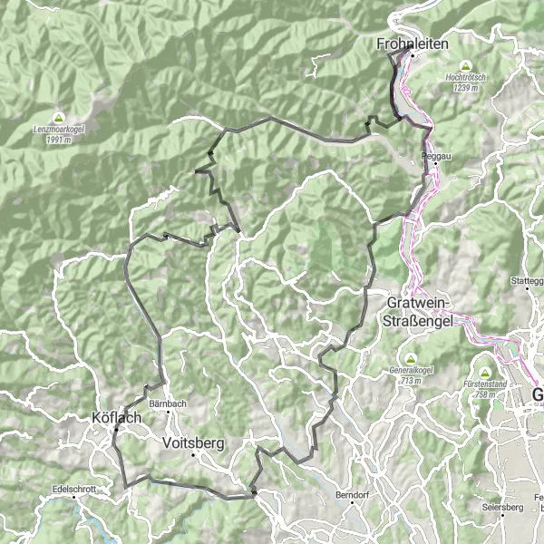 Zemljevid v pomanjšavi "Potovanje okoli Frohnleitna" kolesarske inspiracije v Steiermark, Austria. Generirano z načrtovalcem kolesarskih poti Tarmacs.app
