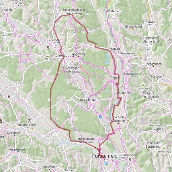 Karttaminiaatyyri "Reitti Großwilfersdorfista Pfeilburgiin" pyöräilyinspiraatiosta alueella Steiermark, Austria. Luotu Tarmacs.app pyöräilyreittisuunnittelijalla
