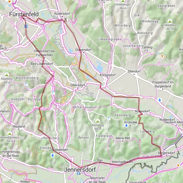 Zemljevid v pomanjšavi "Gravel Route through Südburgenland" kolesarske inspiracije v Steiermark, Austria. Generirano z načrtovalcem kolesarskih poti Tarmacs.app
