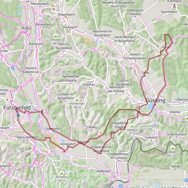 Miniatua del mapa de inspiración ciclista "Ruta de gravilla desde Fürstenfeld a Hundseck y Dobersdorf" en Steiermark, Austria. Generado por Tarmacs.app planificador de rutas ciclistas