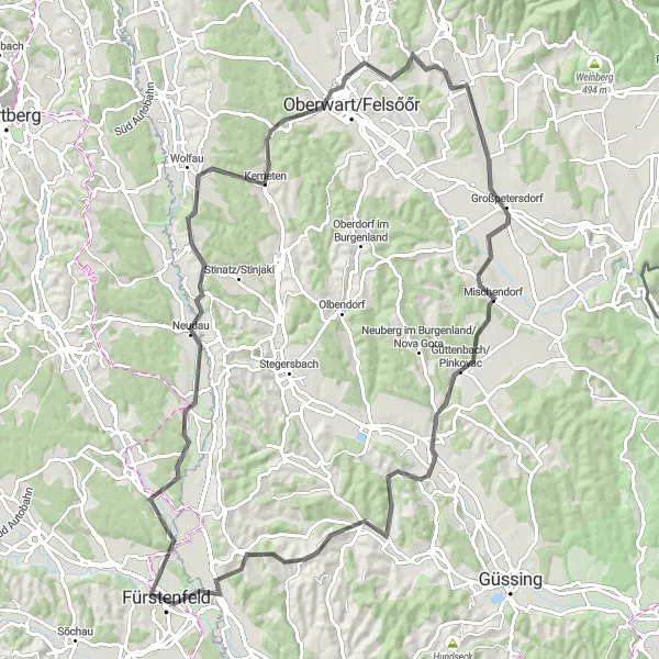 Miniaturní mapa "Burgau - Kemeten - Rudersdorf" inspirace pro cyklisty v oblasti Steiermark, Austria. Vytvořeno pomocí plánovače tras Tarmacs.app