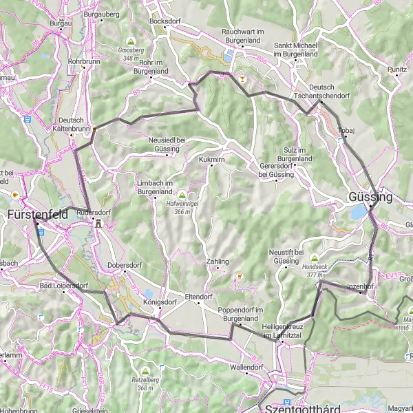 Miniature de la carte de l'inspiration cycliste "Boucle Pittoresque de 65 km près de Fürstenfeld" dans la Steiermark, Austria. Générée par le planificateur d'itinéraire cycliste Tarmacs.app