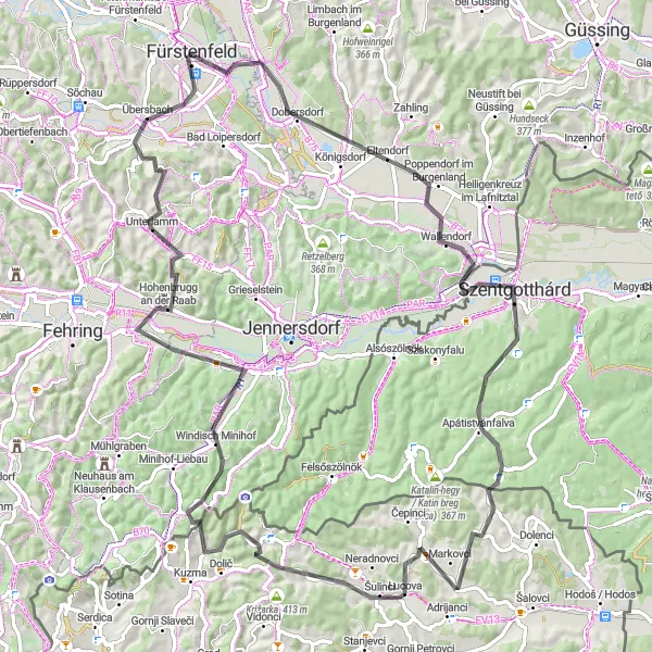 Kartminiatyr av "Fra Fürstenfeld til Szentgotthárd via Eltendorf og Trdkova" sykkelinspirasjon i Steiermark, Austria. Generert av Tarmacs.app sykkelrutoplanlegger