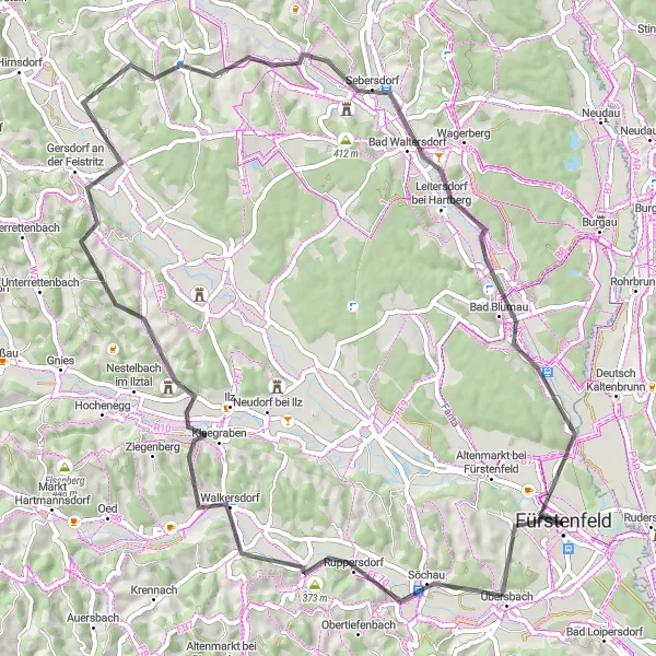 Zemljevid v pomanjšavi "Söchau - Pfeilburg Road Cycling Route" kolesarske inspiracije v Steiermark, Austria. Generirano z načrtovalcem kolesarskih poti Tarmacs.app