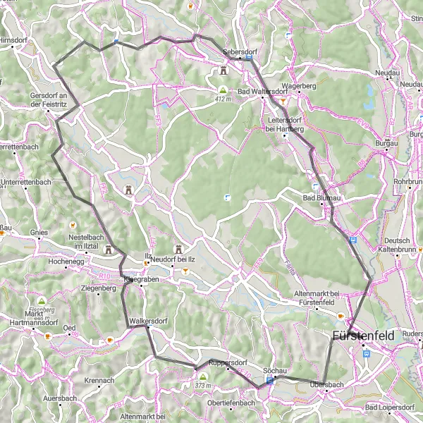 Miniature de la carte de l'inspiration cycliste "Les collines de Styrie" dans la Steiermark, Austria. Générée par le planificateur d'itinéraire cycliste Tarmacs.app